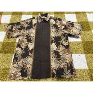 Tommy Bahama Mens Large Silk Floral Camp Shirt Brown Short Sleeve Button Down‎